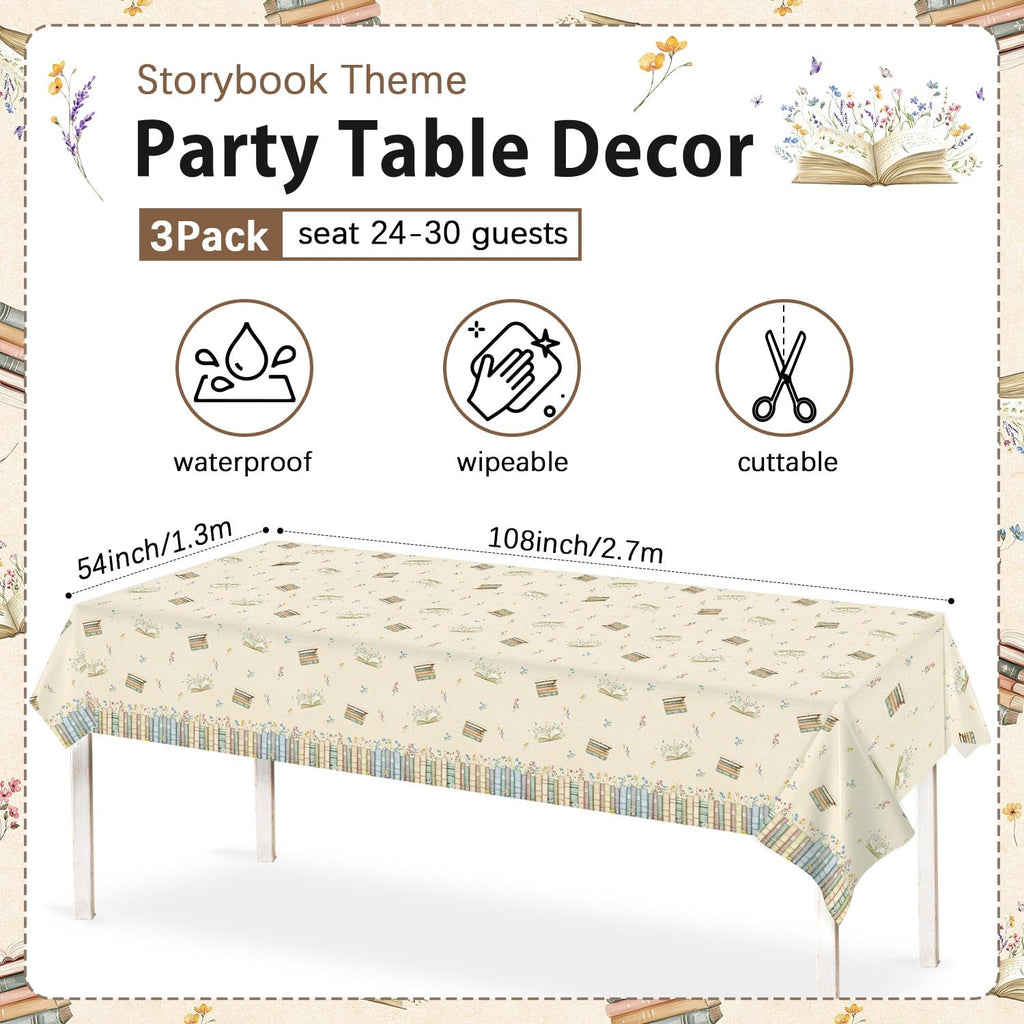 Caisehabu 3pcs Book Themed Party Decorations Tablecloths, Plastic Storybook Baby Shower Decorations Tablecloth for Book Club Party Decorations, 54in x 108in