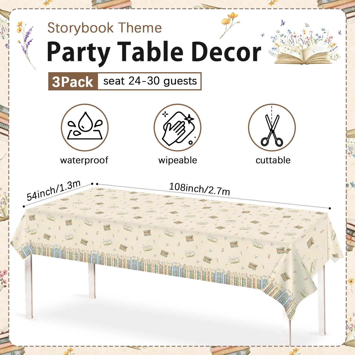 Caisehabu 3pcs Book Themed Party Decorations Tablecloths, Plastic Storybook Baby Shower Decorations Tablecloth for Book Club Party Decorations, 54in x 108in