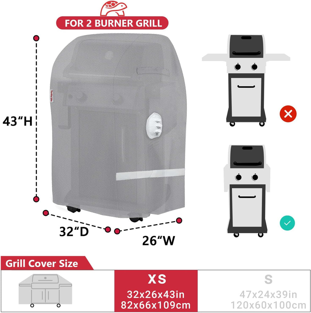 Turtle Life BBQ Grill Cover - Heavy Duty Waterproof 32-Inch Cover for 2 Burner Gas Grills | Gray