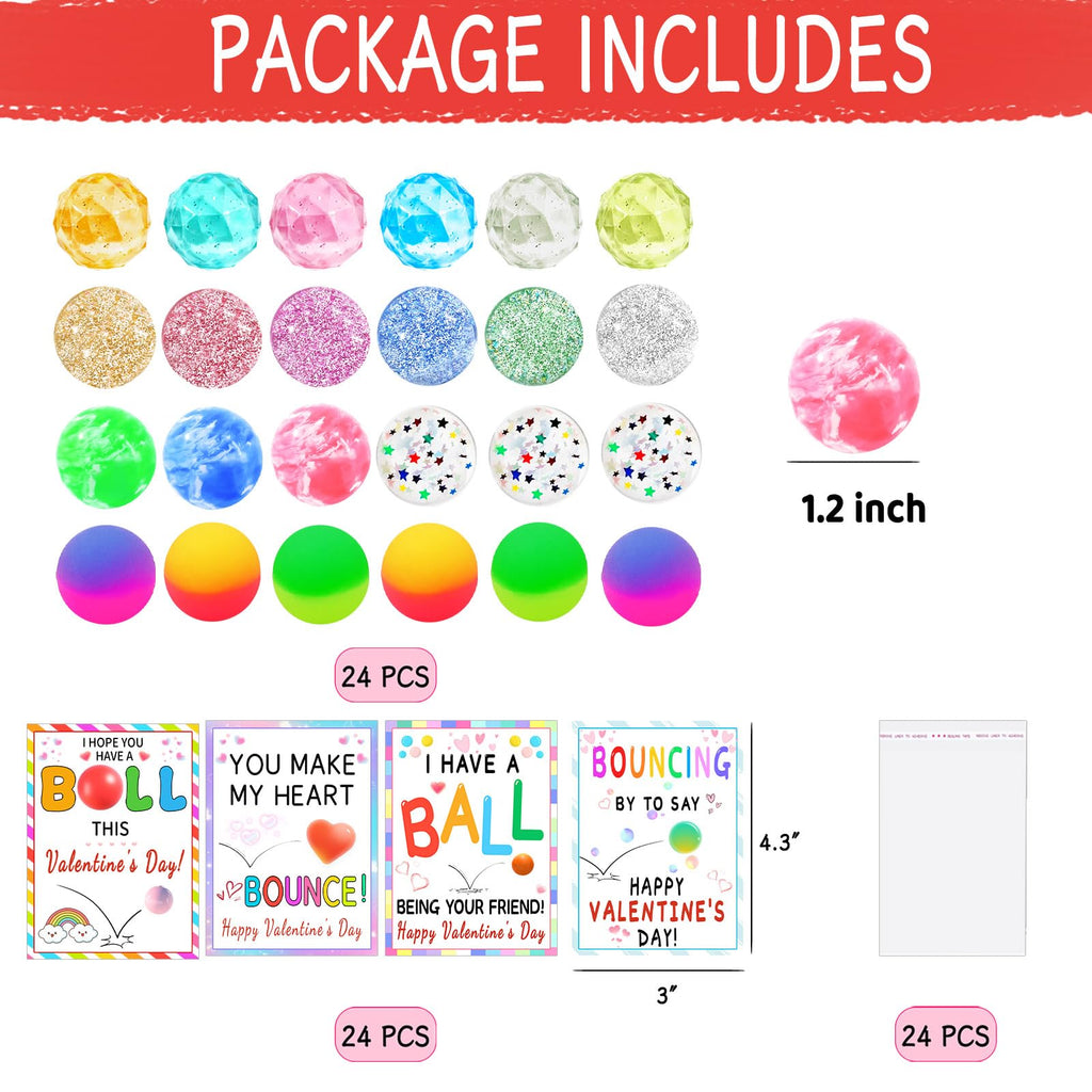 QYESQ Valentines Gifts for Kids - Valentines Day Cards for Kids School, 24 Pack Bouncy Balls, Fidget Toys Bulk, Valentine Exchange Party Favors Boys Girls Class Classroom Prize
