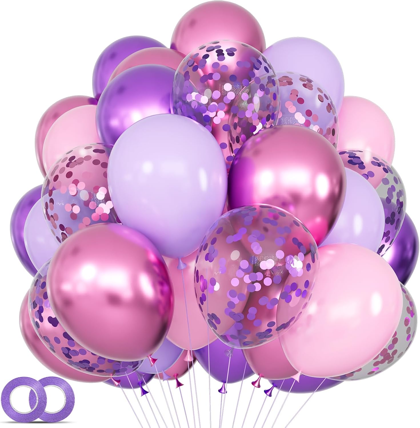 Skiennix 68Pcs Pink & Purple Balloons - 12 Inch Metallic Latex & Confetti for Birthday & Wedding Decor