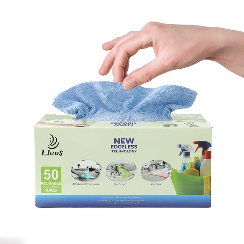 LIVOS 50 Pack Microfiber Cleaning Cloth in Box, Reusable Cleaning Rags, 11.5"x11.5", Edgeless Microfiber Wipes, Lint Free, Absorbent Shop Towels for Kitchen, Car, Glass (Blue)