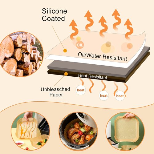 Air Fryer Paper Liners - 125 Pcs Disposable Oilproof Waterproof Parchment for 6.5-Inch Baskets