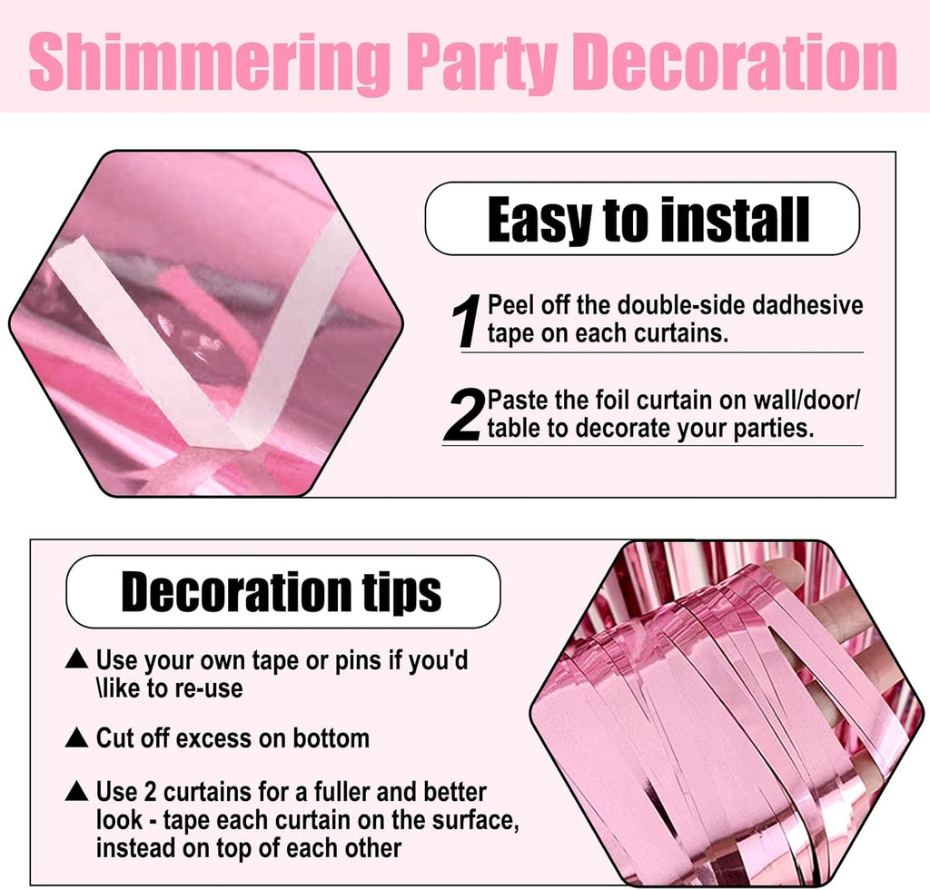 Pink Foil Fringe Curtain Backdrop by [Brand Name] - 3 Pack Metallic Tinsel Streamers | 3.28Ft x 8.2Ft for Parties & Events