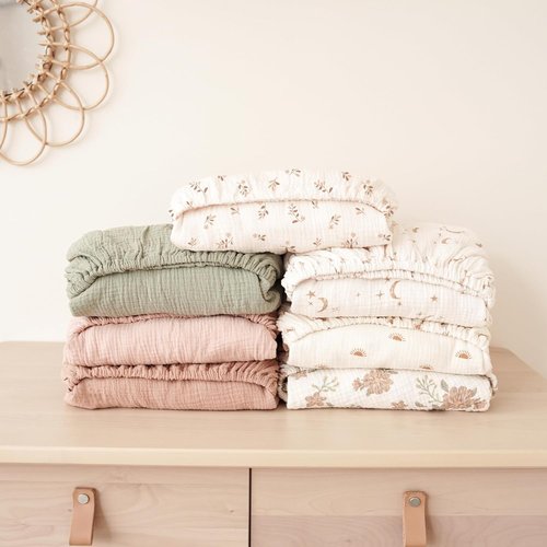 Konssy Muslin Crib Sheets - Soft & Breathable Cotton Baby Sheets | 2 PCS for Standard Crib Mattress, 52"x28" (Pink Sun & Khaki Leaf)