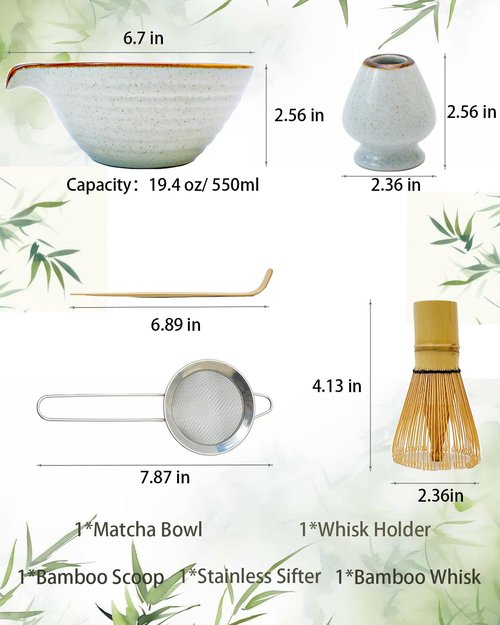 Zzlright Matcha Whisk Set,Matcha Set,Matcha Kit,Matcha Bowl with Spout,Scoop,Sifter,Bamboo Whisk,Chasen Holder,Unique Gifts for Women Mom her Grifend,Gifts for Christmas, Birthday