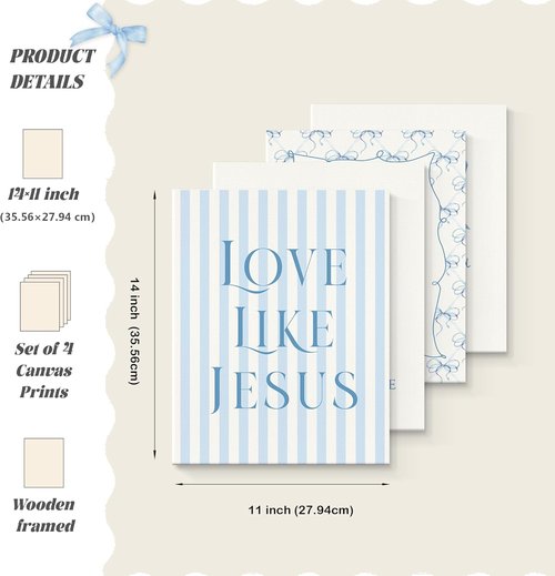 LARTSFRO Coquette Blue Bow Canvas Wall Art - Inspirational Bible Verses | 11x14 Inch Set of 4 for Teen Girls' Rooms
