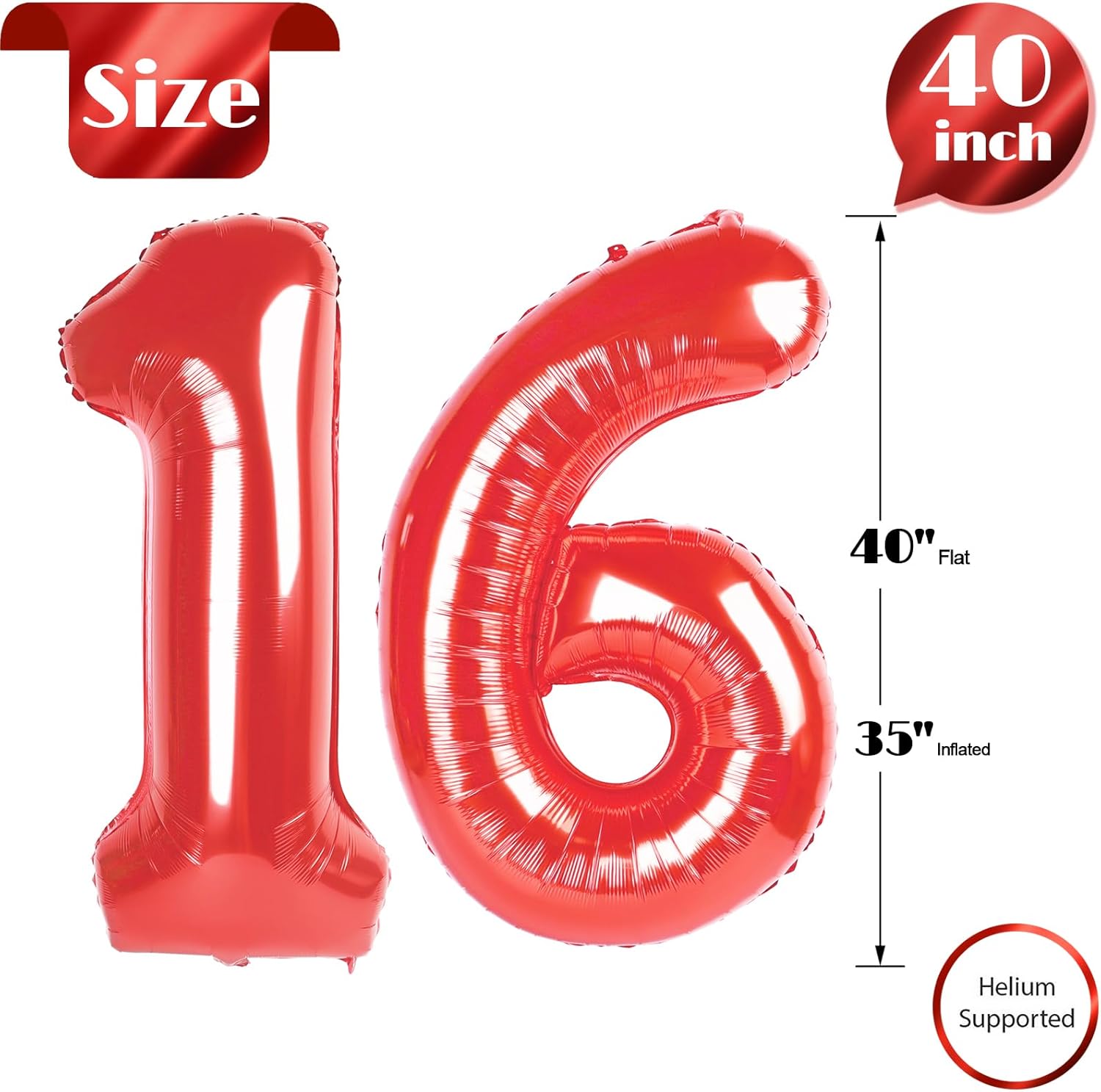 Red Number 16 Balloon - 40 Inch 16th Birthday Decoration for Boys & Girls Party Supplies