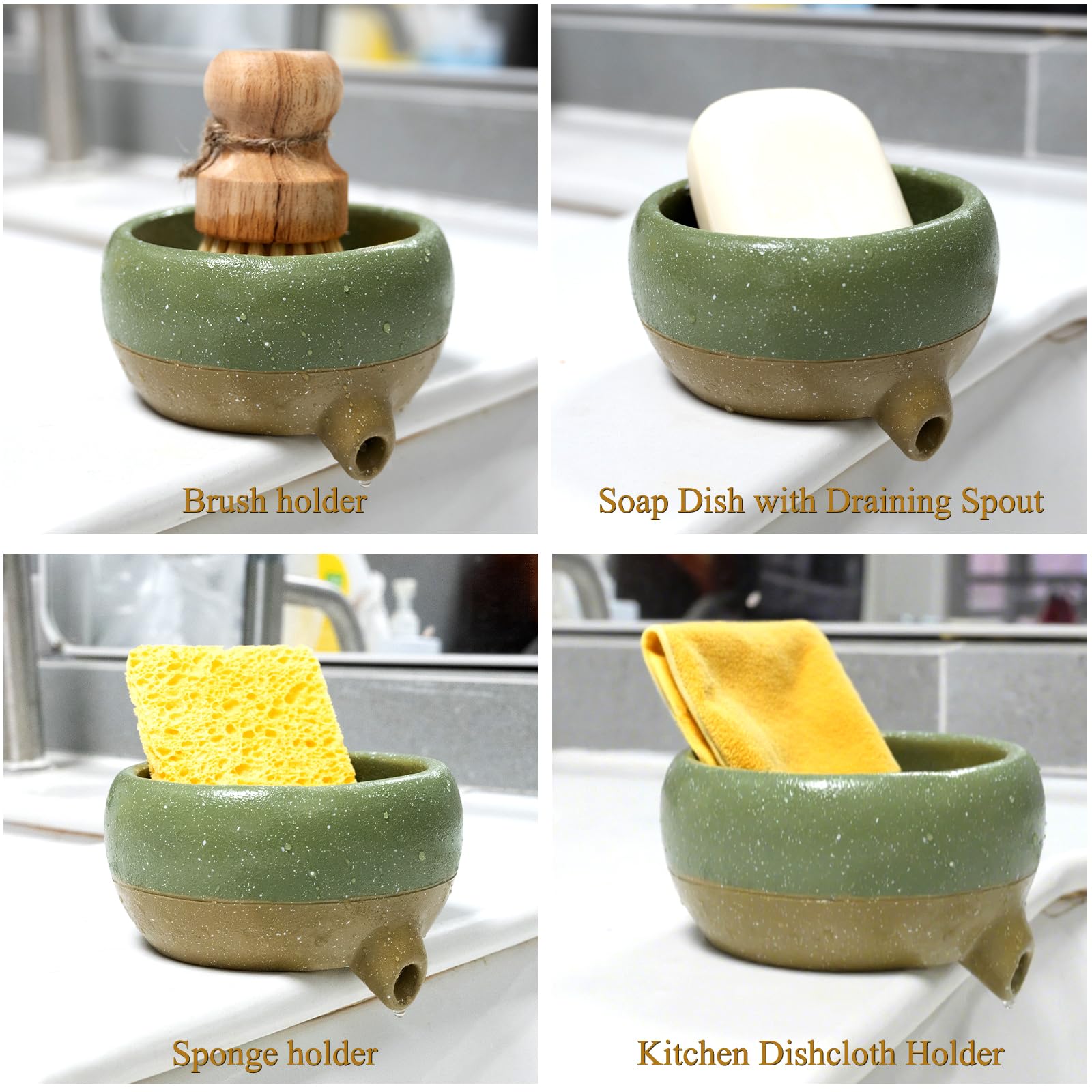 Wowhalolo Self Draining Soap Dish and Soap Holder with Drain Spout for Sink, Shower, Bathroom, and Kitchen - Compact Resin Sponge Holder and Organizer, Keep Dry and Easy Cleaning Design, Green