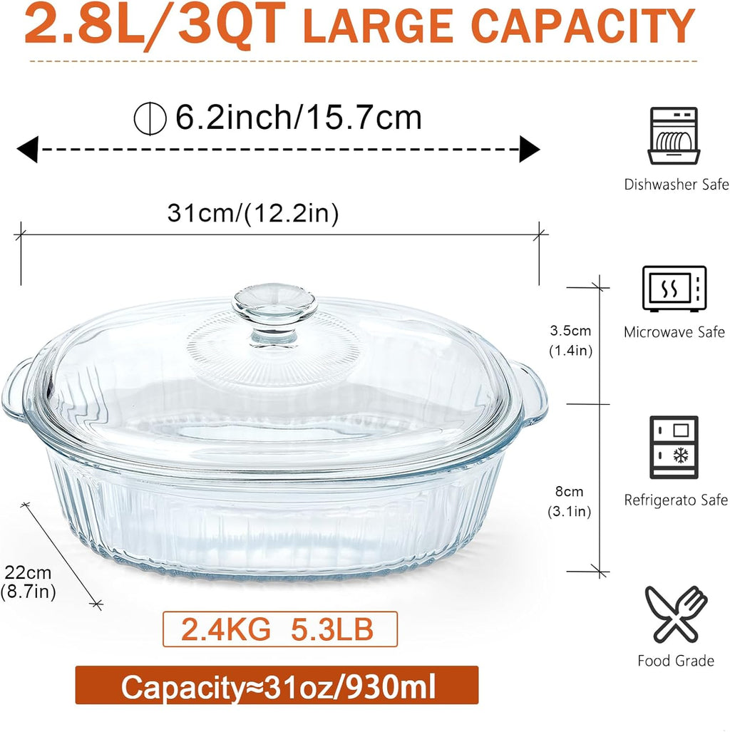 Reasim Glass Casserole Baking Dish - 2.8L/3Qt Oval Dish with Lid | Oven, Freezer & Microwave Safe