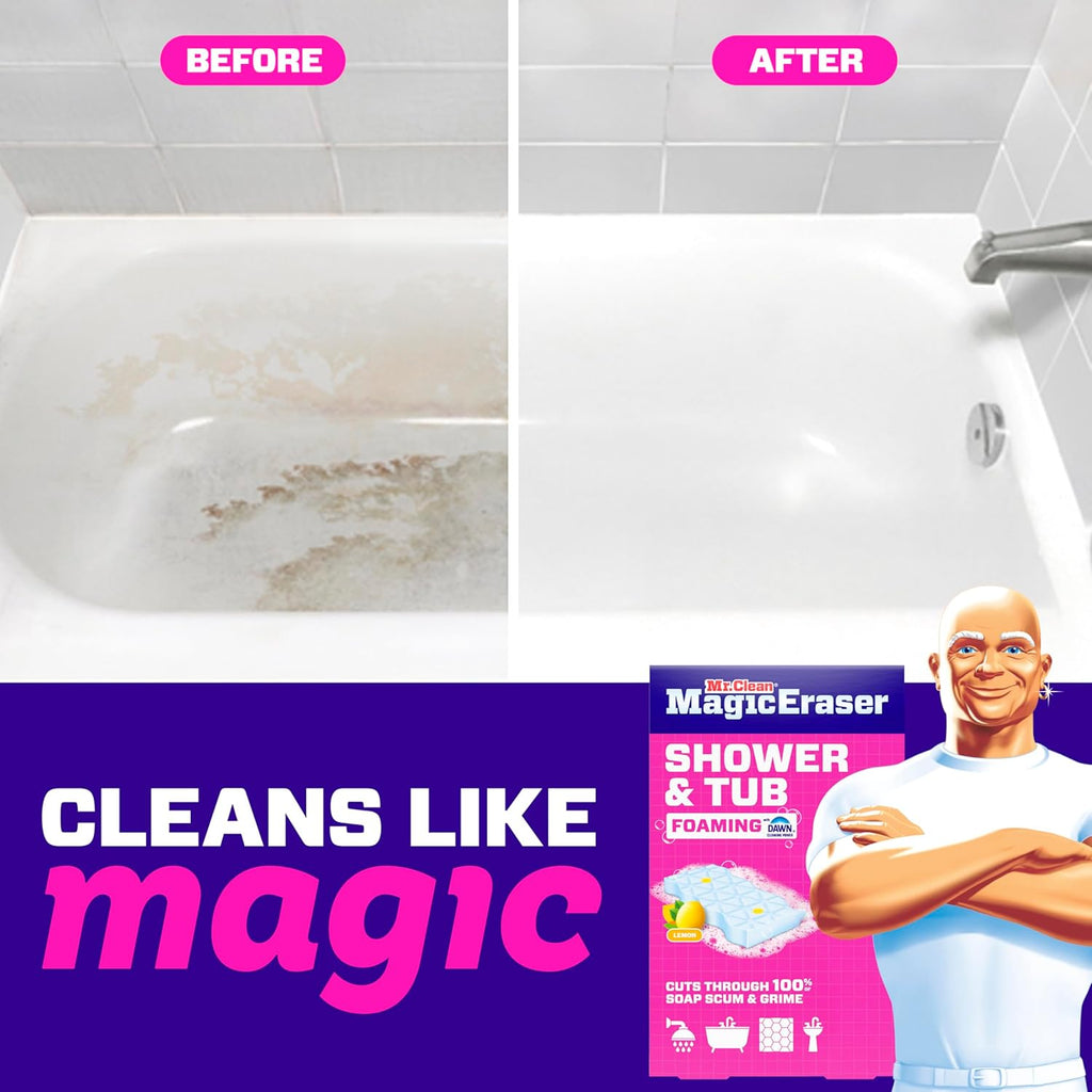 Mr. Clean Magic Eraser Sponge - Powerful Soap Scum Remover for Bathroom & Shower | 8 Count with Lemon Scent