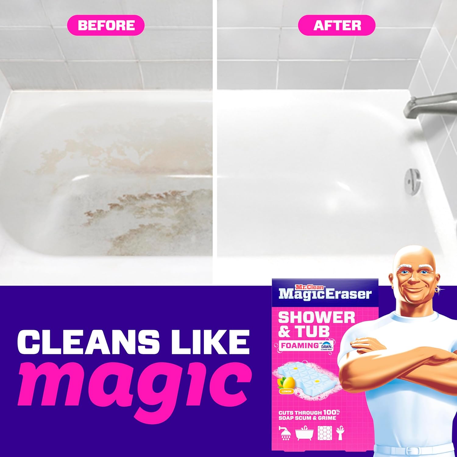 Mr. Clean Magic Eraser Sponge - Powerful Soap Scum Remover for Bathroom & Shower | 8 Count with Lemon Scent