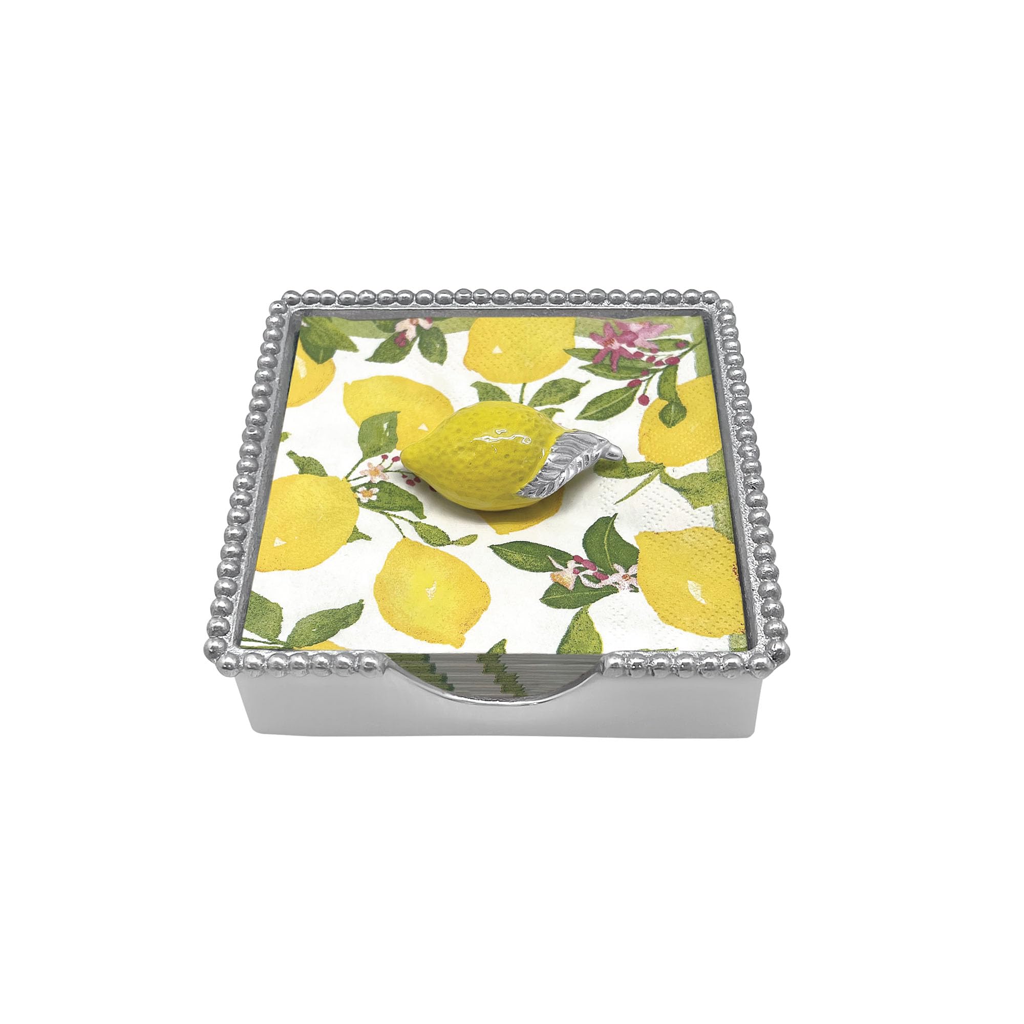 MARIPOSA YELLOW LEMON BEADED NAPKIN BOX SET | SILVER | BRILLANTE | GIFTS | NAPKIN BOX & WEIGHT SET | RECYCLED SANDCAST ALUMINUM | HANDMADE IN MEXICO