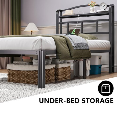 HAVONIZD Twin Bed Frame - Storage Headboard with Charging Station, 14 Inch Sturdy Metal Platform Bed Frame No Box Spring Needed, Easy Assembly, No Noise, Black