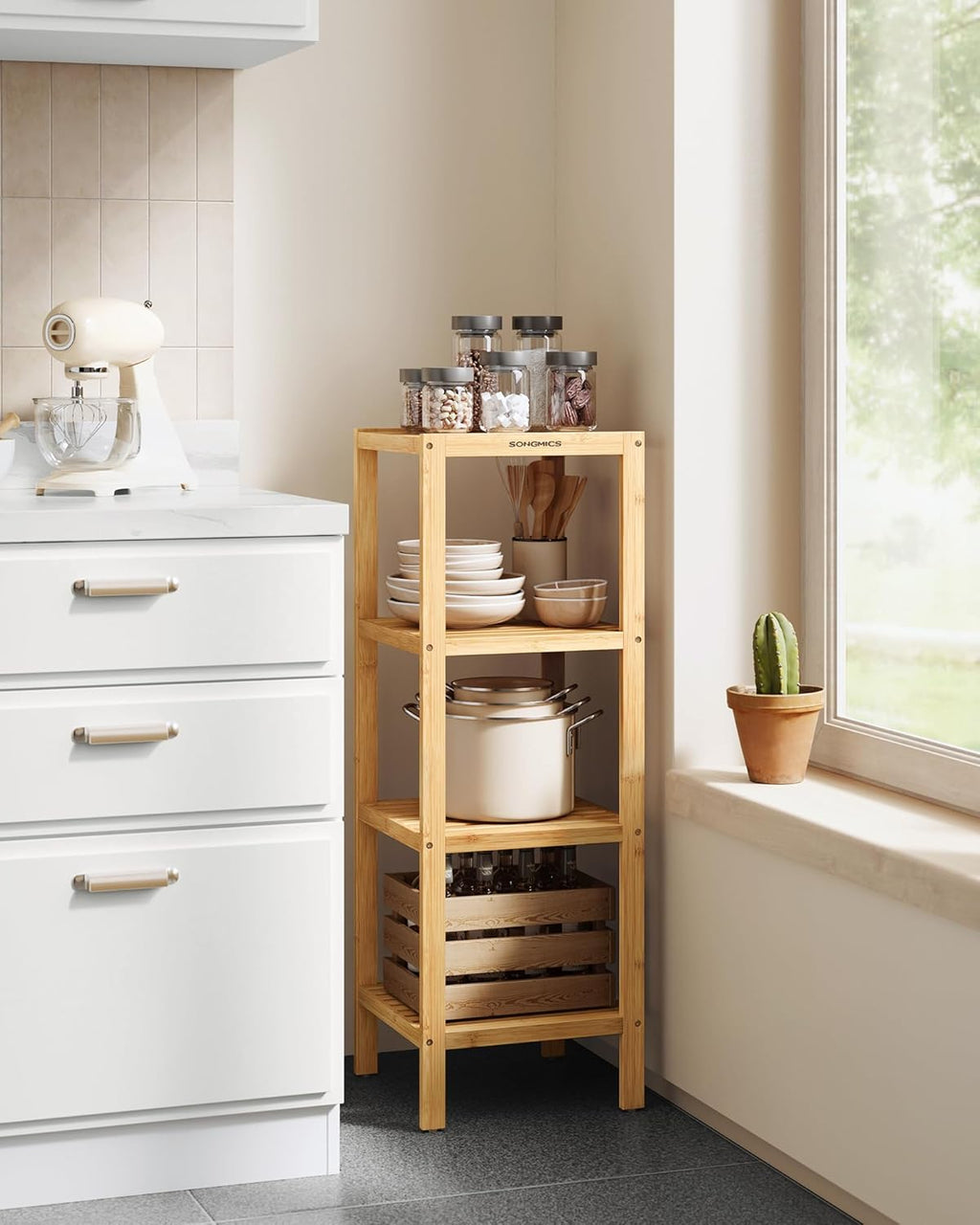 SONGMICS 4-Tier Bamboo Shelf - Versatile Narrow Bathroom & Corner Rack for Kitchen, Living Room, Bedroom