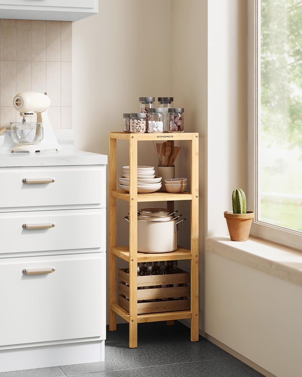 SONGMICS 4-Tier Bamboo Shelf - Versatile Narrow Bathroom & Corner Rack for Kitchen, Living Room, Bedroom