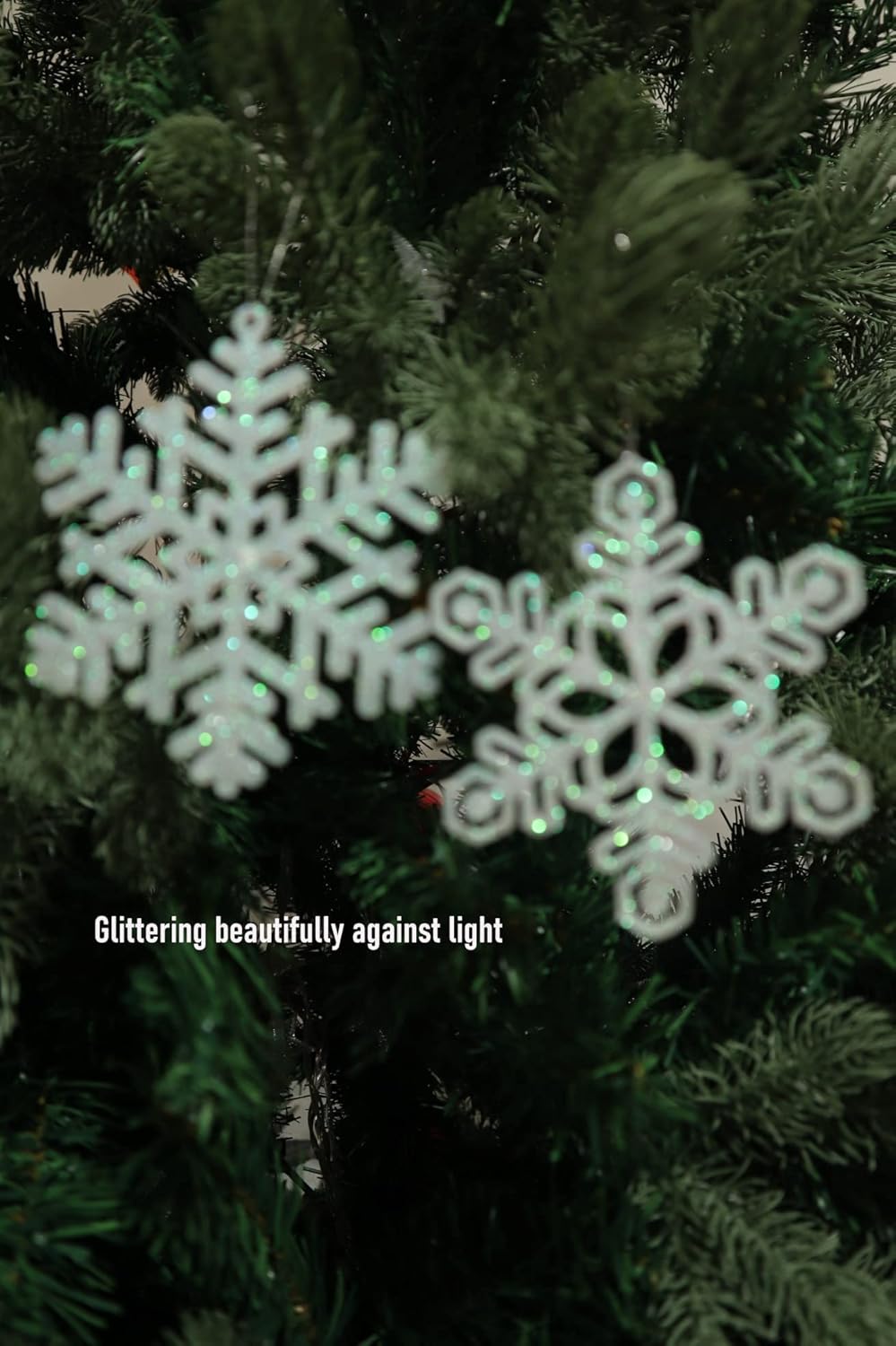Skiennix 48pcs Pre-Strung White Snowflake Ornaments - Glittery Christmas Tree Decorations