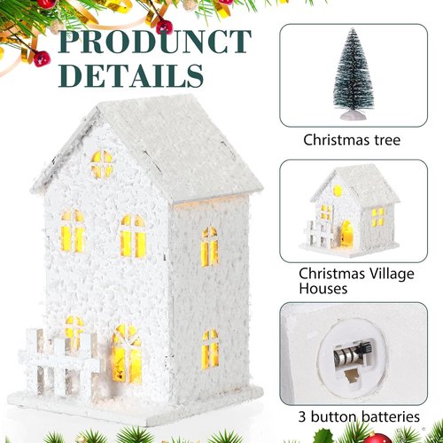 Kajaia Christmas Winter Village Set - 12 Houses & Trees with LED Lights | Cute White Figurines