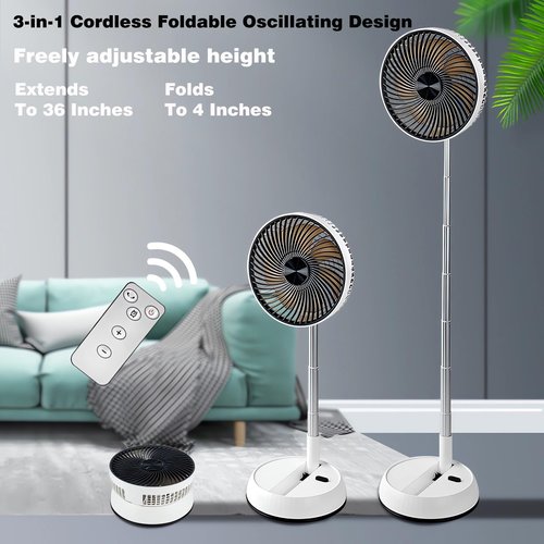 Greheywos Foldable Rechargeable Oscillating Fan 8" 7200mAh Battery Operated Small Fan, Quiet Table Standing Pedestal Fans for Bedroom Office Camping Travel (White body and black front grille)