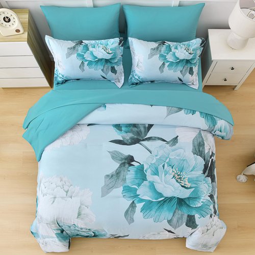 Dobuyly Floral Comforter Set Queen Size 7 Piece Bed in a Bag, Aqua Flowers Printed on Light Blue Comforter Set with Sheets, Soft Polyester Botanical Complete Bedding Set for All Season