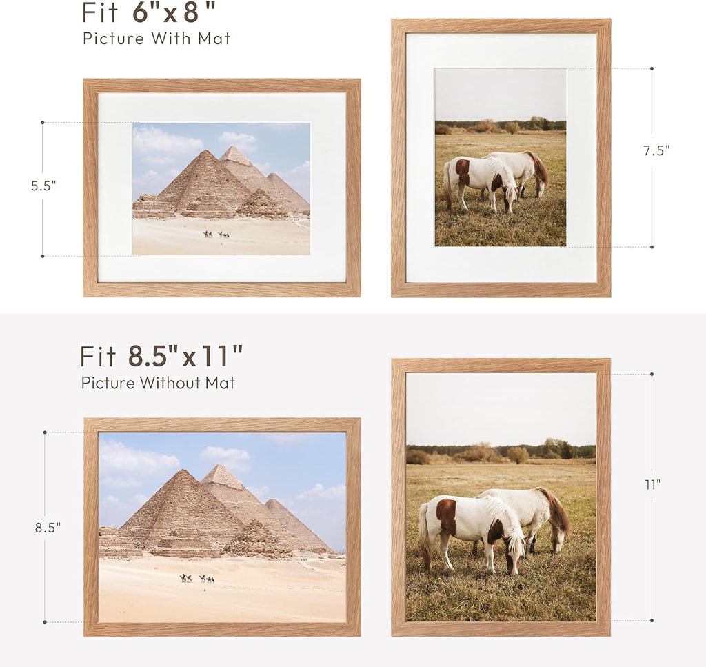 Solid Oak Picture Frame by [Brand Name] - 8.5x11 with Mat for 6x8 Opening | Natural Wood for Wall/Table Display