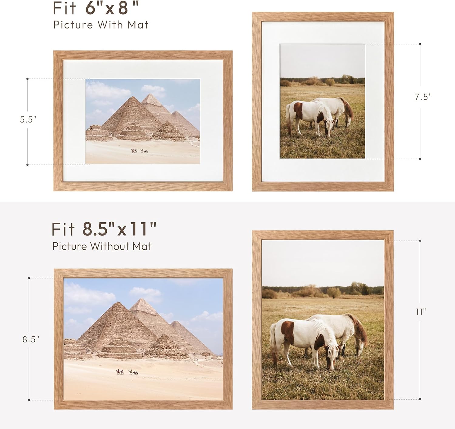 Solid Oak Picture Frame by [Brand Name] - 8.5x11 with Mat for 6x8 Opening | Natural Wood for Wall/Table Display