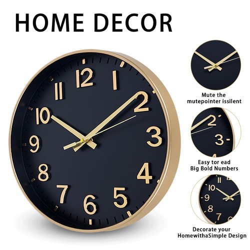 HZDHCLH Wall Clocks Battery Operated,Wall Clock Black Gold,8 inch Wall Clock Silent Non Ticking Modern 3D Numbers for Kitchen Bedroom Living Room Office Classroom Decor