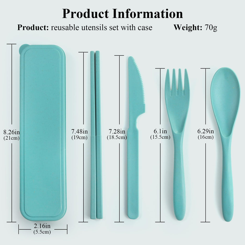 DISSKNIC Reusable Travel Utensils with Case, Green Utensil Sets for Lunch Box, Chopsticks Reusable Plastic Utensils Lunch Box Accessories for Adults,Portable Utensils Set with Case,Camping Accessories