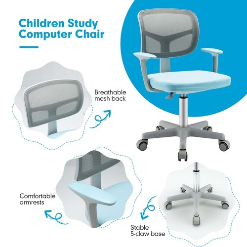 Costzon Kids Desk Chair, Adjustable Children Study Computer Chair with Arms & Wheels, Student Swivel Rolling Task Chair, Ergonomic Kids Office Chair for Boys Girls Age 4-12, Home Bedroom School, Blue