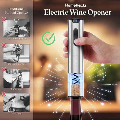 HomeHacks Electric Wine Opener - Automatic Rechargeable Opener with Foil Cutter & Vacuum Stopper | Perfect Gift for Wine Lovers