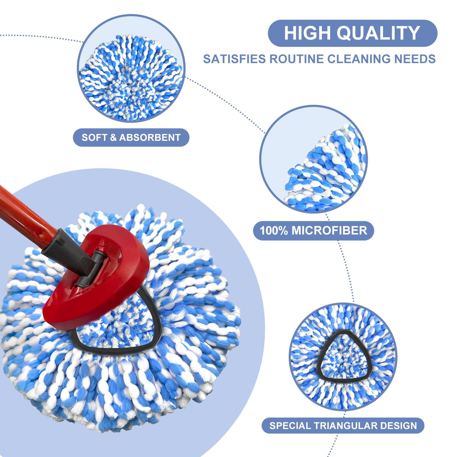 Mop Head Replacement, Spin Mop Replacement Head, Include 4pcs Mop Replace Heads, 1 Extra Mop Base Replacement, Washable, Flexible & Reusable