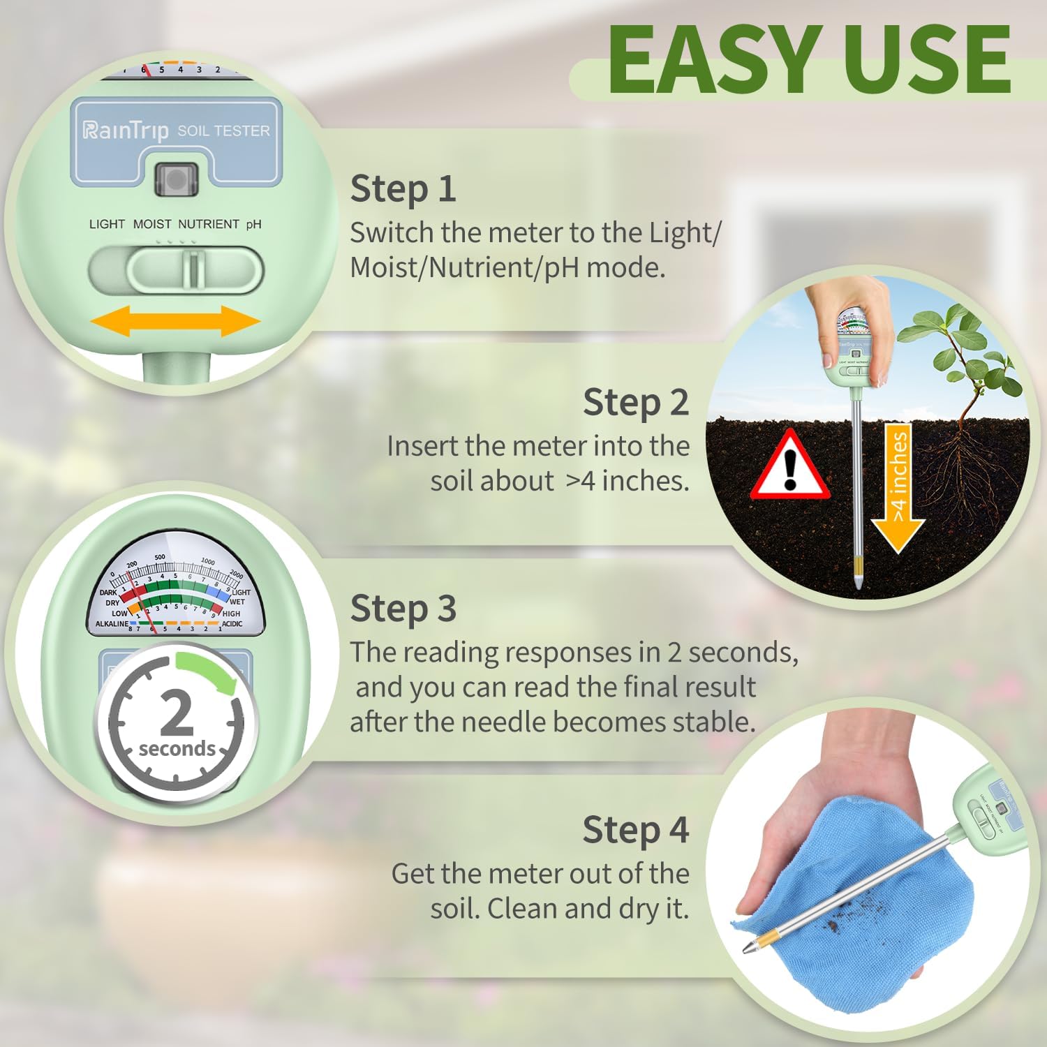 Soil Moisture Meter - 4-in-1 Soil pH Tester for Moisture, Light, Nutrients | Ideal for Garden & Lawn