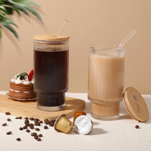 AiMQnLe Glass Cups with Bamboo Lids and Straws - 16 oz Iced Coffee Cups, Vintage Ribbed Drinking Glasses, Tumbler for Juice, Beer, Coffee, Milk, Cocktail, Water (2 Pack)
