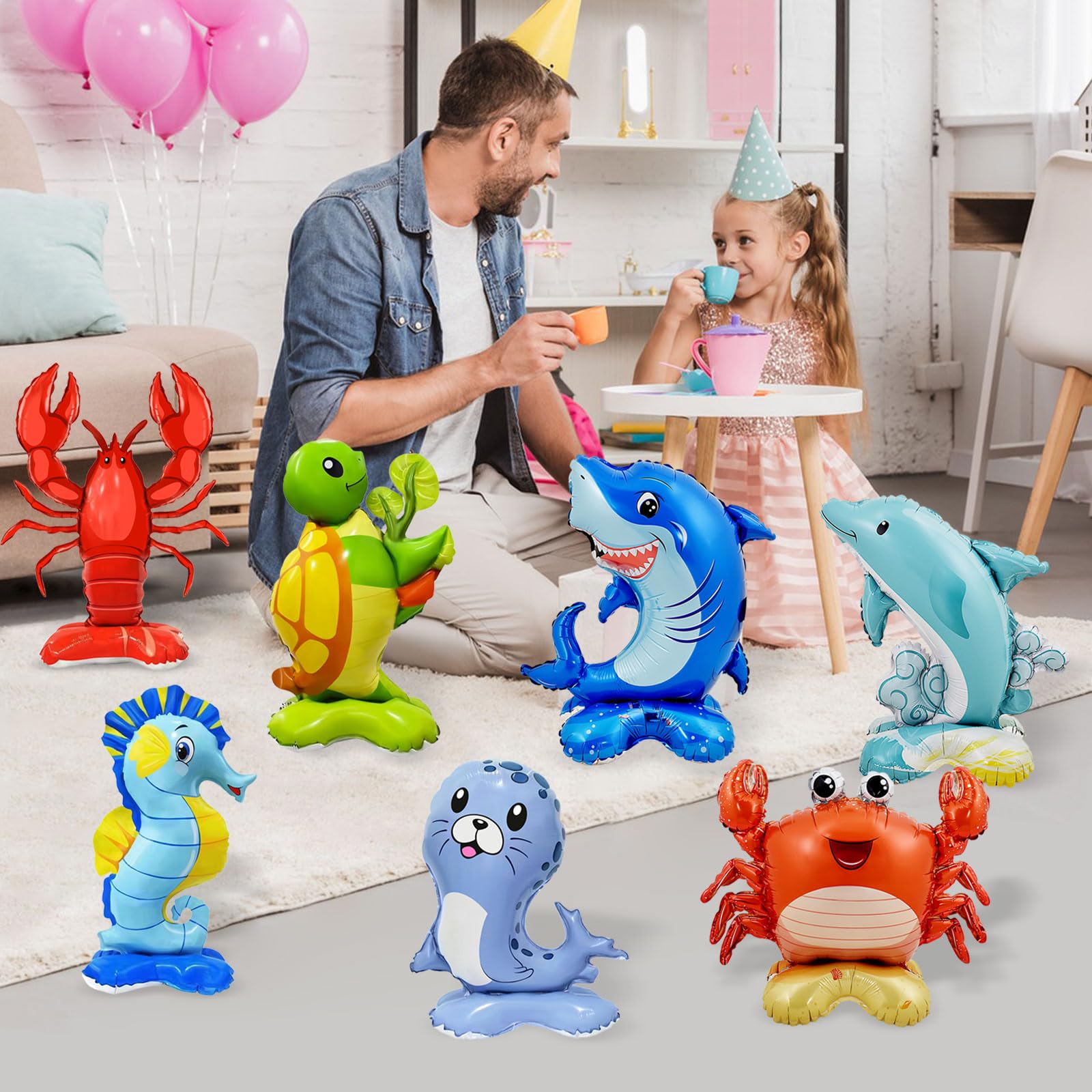 7 Pcs Ocean Animal Balloons - Standing Turtle Seahorse Dolphin Shark Crab Lobster Sea Lion Foil Balloons for Under The Sea Themed Party Decorations