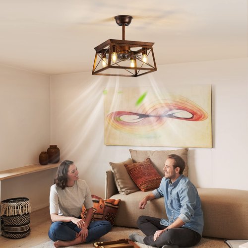 Farmhouse Ceiling Fans with Lights Remote Control Rustic Ceiling fans with Lights Caged Fandelier Flush Mount Ceiling Fan with Light Indoor Outdoor for Gazabo Bedroom Dining Room Living Room