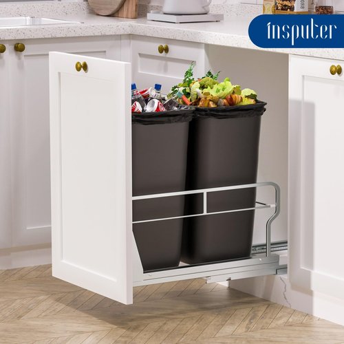 Insputer Dual Pull Out Trash Can Under Cabinet with Soft-Close Slides, Heavy Duty Under Sink Trash Can Kit for Kitchen Sink, Laundry, Garbage Can Not Included, Requires 17" W X 24" D Cabinets