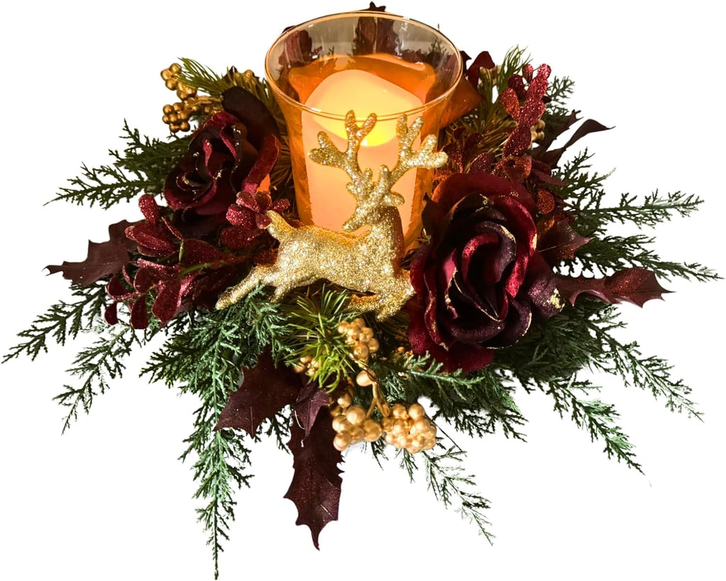Svndlyn Christmas Glass Candle Holder - Glittery Rose & Deer Figurine Decor | Holiday Centerpiece
