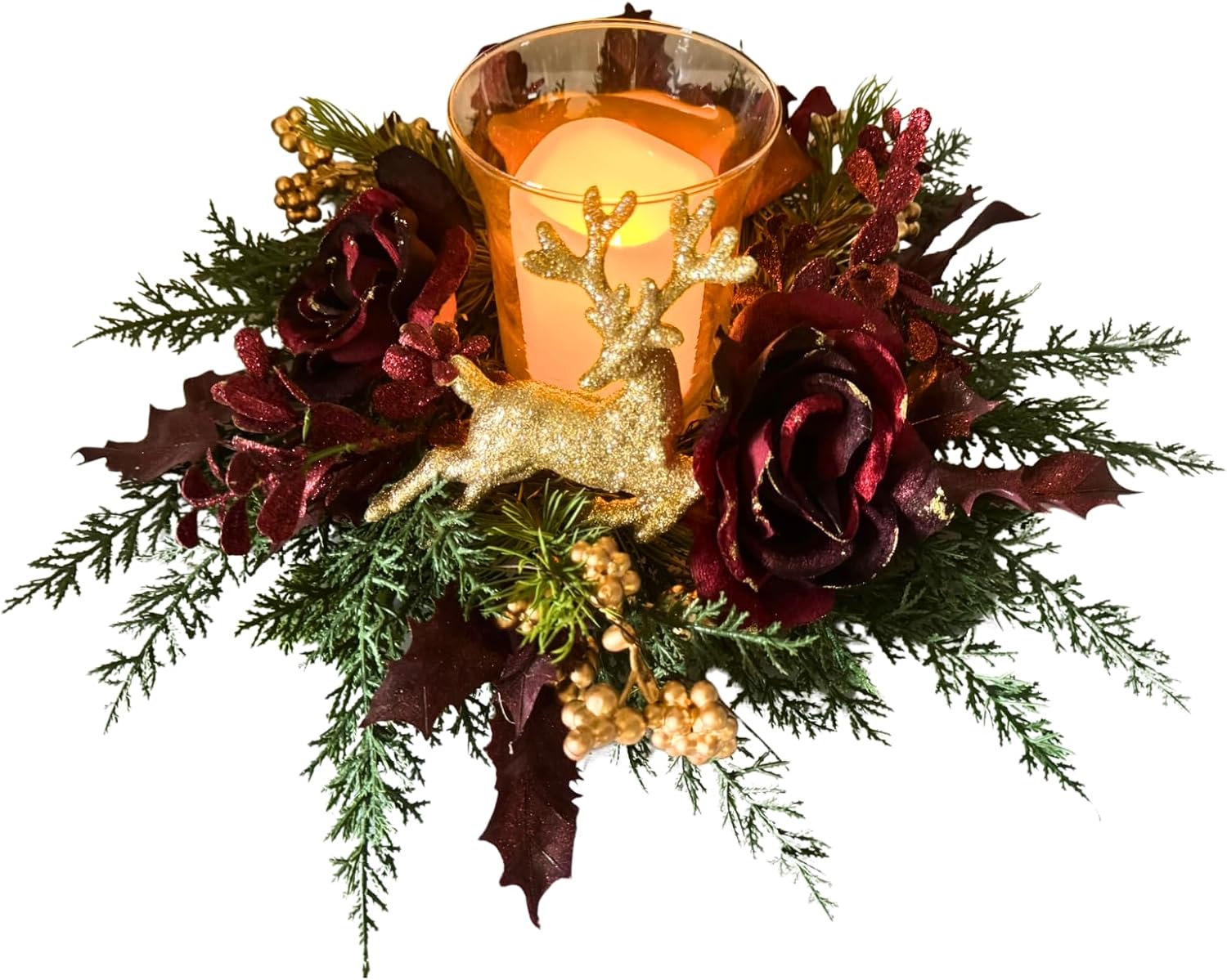 Svndlyn Christmas Glass Candle Holder - Glittery Rose & Deer Figurine Decor | Holiday Centerpiece