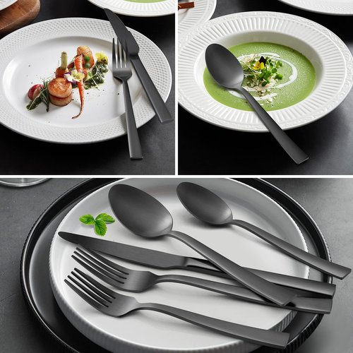 60-Piece Matte Black Silverware Set, E-far Stainless Steel Flatware Set Service for 12, Metal Cutlery Eating Utensils Tableware Includes Forks/Spoons/Knives, Square Edge