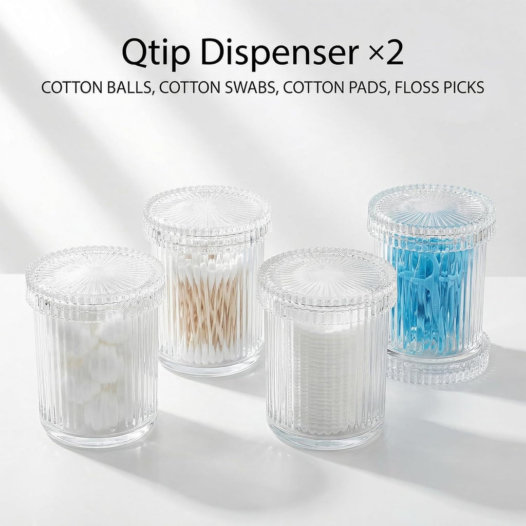 Rejomiik Glass Qtip Holder Dispenser - 2 Pack Apothecary Jars with Lids for Cotton Swabs & Makeup Storage