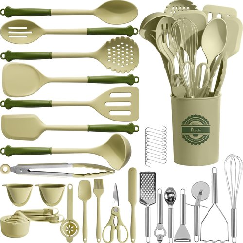 Kikcoin 43-Piece Kitchen Utensils Set - Heat Resistant Silicone Cooking Tools, BPA Free, Avocado Green