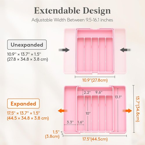 Lifewit Expandable Silverware Drawer Organizer - BPA-Free Utensil Tray for Kitchen | Adjustable Pink Storage (10.9"-17.5" x 13.7")
