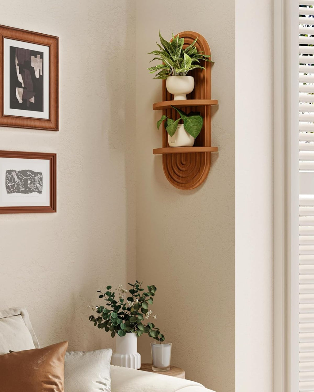 Bamworld Boho Wall Decor - 2-Tier Brown Plant Wall Shelf | Mid-Century Modern Floating Shelf 16.7in