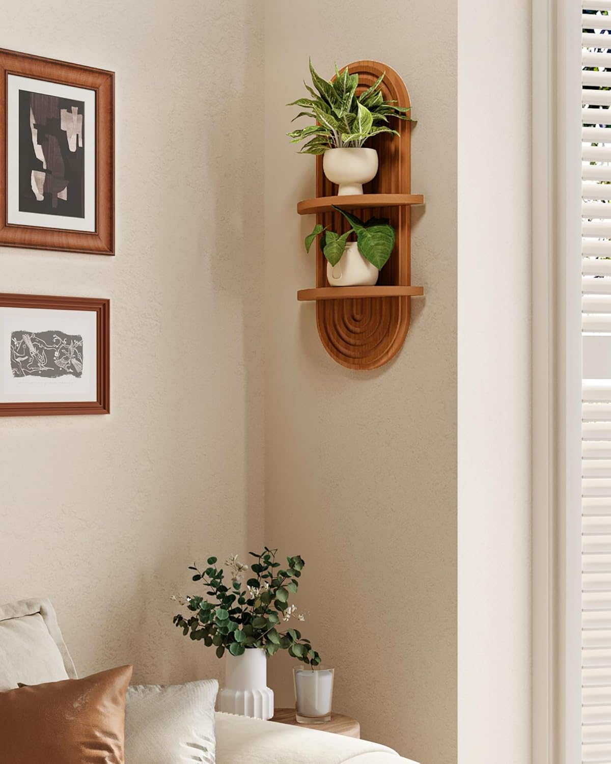 Bamworld Boho Wall Decor - 2-Tier Brown Plant Wall Shelf | Mid-Century Modern Floating Shelf 16.7in