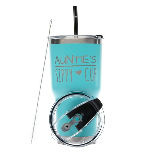 Greatness Line Auntie's Sippy Cup 30 oz. Teal Stainless Steel Tumbler Value Pack with 2 Lids and Extra SS Straw - Ideal Gift for Soon to Be Aunties