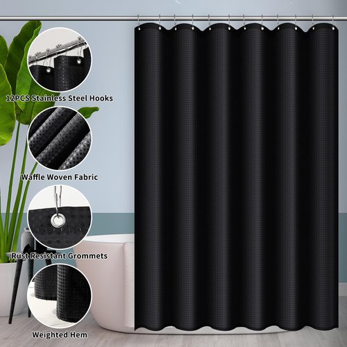 Black and Gold Bathroom Accessories Set 9 PCS, Bathroom Sets with Stainless Steel Trash Can,Toilet Brush and Plastic Toothbrush Set,Soap Dispenser and Shower Curtain, 2PCS Rugs for Bath Decor