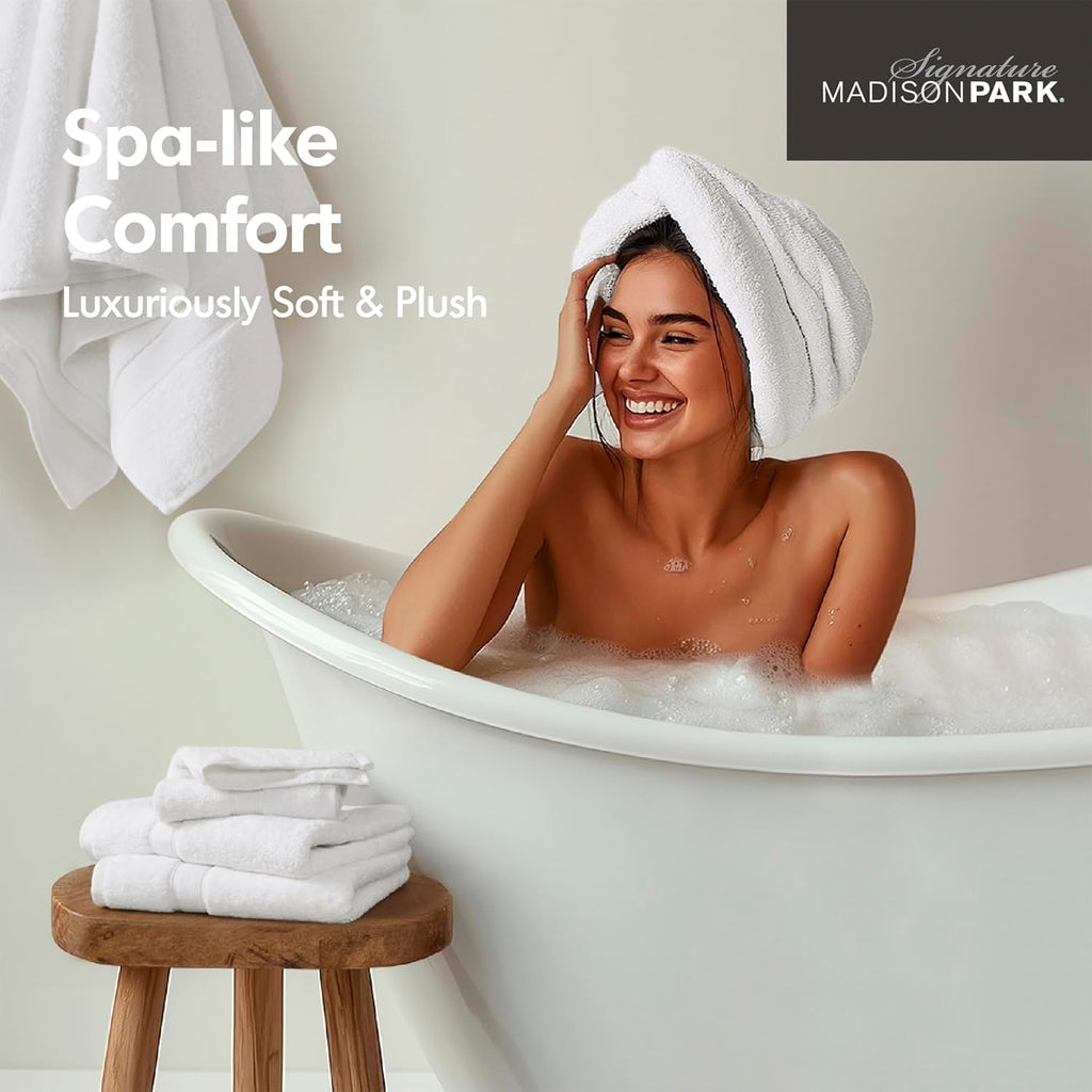 Madison Park 800GSM Cotton Bath Towel Set - Luxurious Absorbent Towels | 8-Piece White Spa Quality Set