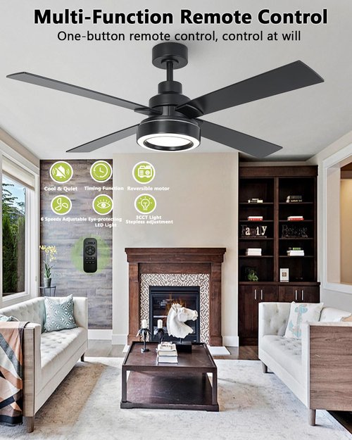 Vaczon 52 Inch Black Ceiling Fan with Light and Remote, Indoor Outdoor Modern Black Ceiling Fan, 3CCT Dimmable, Reversible Motor, Dual-Sided Blades Ceiling Fans for Bedroom Living Room Patio -Upgraded