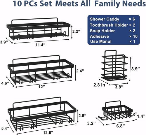 Liuoud Shower Caddy Organizer - 10 Pack Rustproof Stainless Steel Wall Storage Baskets | Black