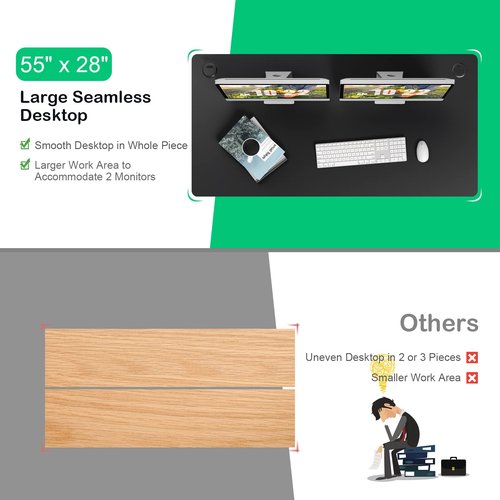 COSTWAY 55" x 28" Universal Table Top, Solid One-Piece Wood Desktop for Standard & Height Adjustable Desk Frame, Rectangular DIY Home Office Countertop(Table Top only) (Black, 55" x 28")